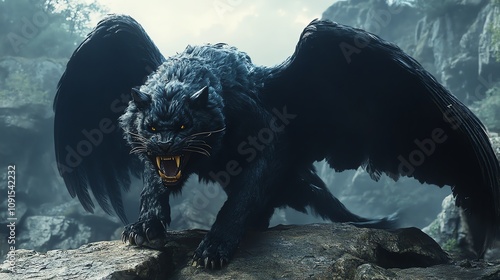 A powerful mythical creature with wings stands majestically on a rocky surface, ready to unleash its fierce roar. photo