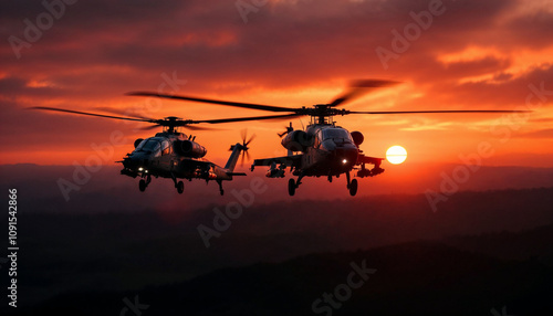 Two attack helicopters flying in formation against a dramatic sunset sky, conveying power and precision.

 photo