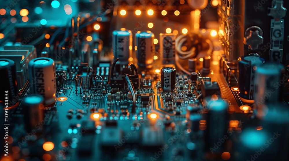 Fototapeta premium Close-up of a circuit board with glowing lights, showcasing intricate details and electronic components.