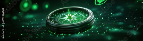 A luminous green compass rests on a dark surface, surrounded by glowing particles, creating a mystical and enchanting atmosphere.