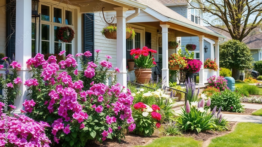 Obraz premium Lush gardens in full bloom line the quaint neighborhood street, with colorful flowers and greenery adding a vibrant touch to the peaceful scene, serene, relaxing