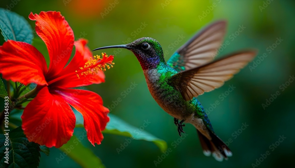 A single hummingbird hovering near a vibrant red hibiscus flower A single hummingbird hovering near a vibrant red hibiscus flower
