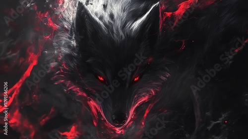 A striking black wolf with fiery red accents and glowing eyes, embodying power and mystery in a dark atmosphere. photo