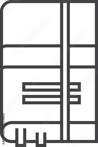 Simple line icon representing a closed book with a bookmark ribbon, showing lines of text, ideal for educational or literary concepts