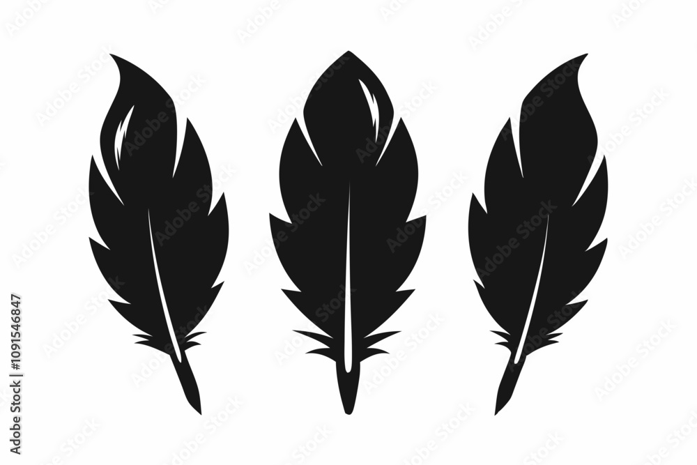 Obraz premium Bird feather silhouette vector set, bird feather icon, vector illustration isolated on white background