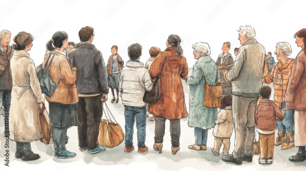 Fototapeta premium Group of diverse people standing together, engaged in conversation, showcasing variety of clothing styles and ages, creating sense of community and connection