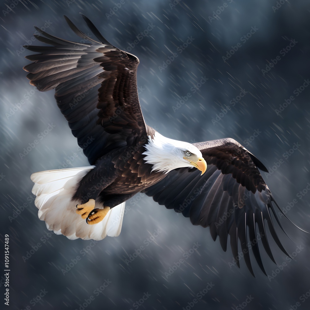 Obraz premium Majestic Bald Eagle Soaring Through Stormy Sky Wildlife Photography