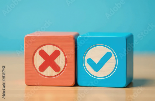 Quiz or answer focus choice concept. Wrong and Correct check mark on blue cube wooden toy block with cancel icon. True or false change mindset or way of leader, transform quiz answer, poll acceptance