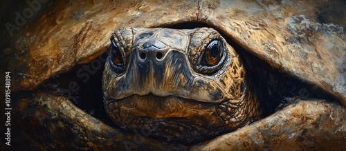 Close-up of a tortoise's head peeking from its shell. photo