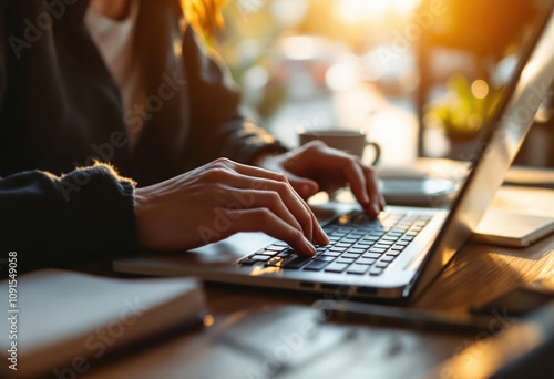 Hands Typing on Laptop in Cozy Cafe: A warm and inviting morning workspace. Hands gracefully typing on a laptop keyboard, bathed in golden sunlight streaming through a nearby window.