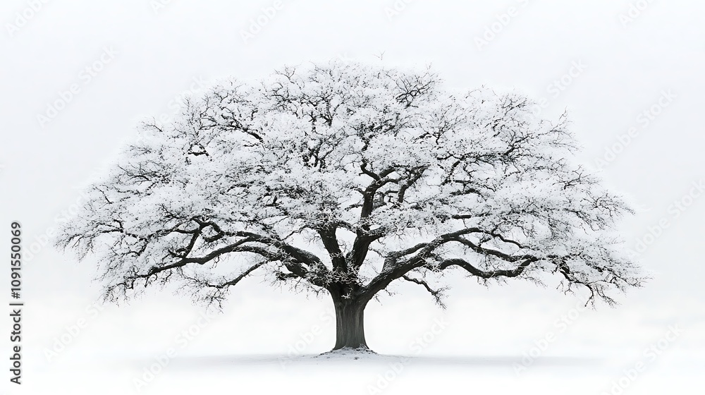 Fototapeta premium Snow covered tree stands alone in winter landscape