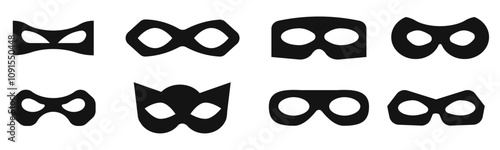 Incognito mask, villain or robber hide face element, black silhouette mystery costume icon. Superhero or carnival bandit burgar 