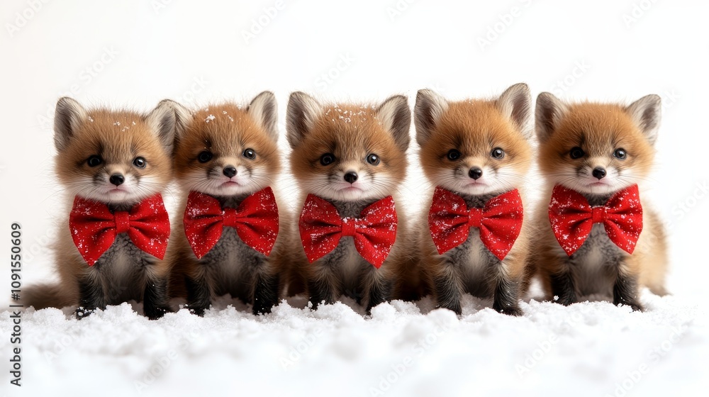 Obraz premium Adorable fox cubs wearing red bows in snowy setting