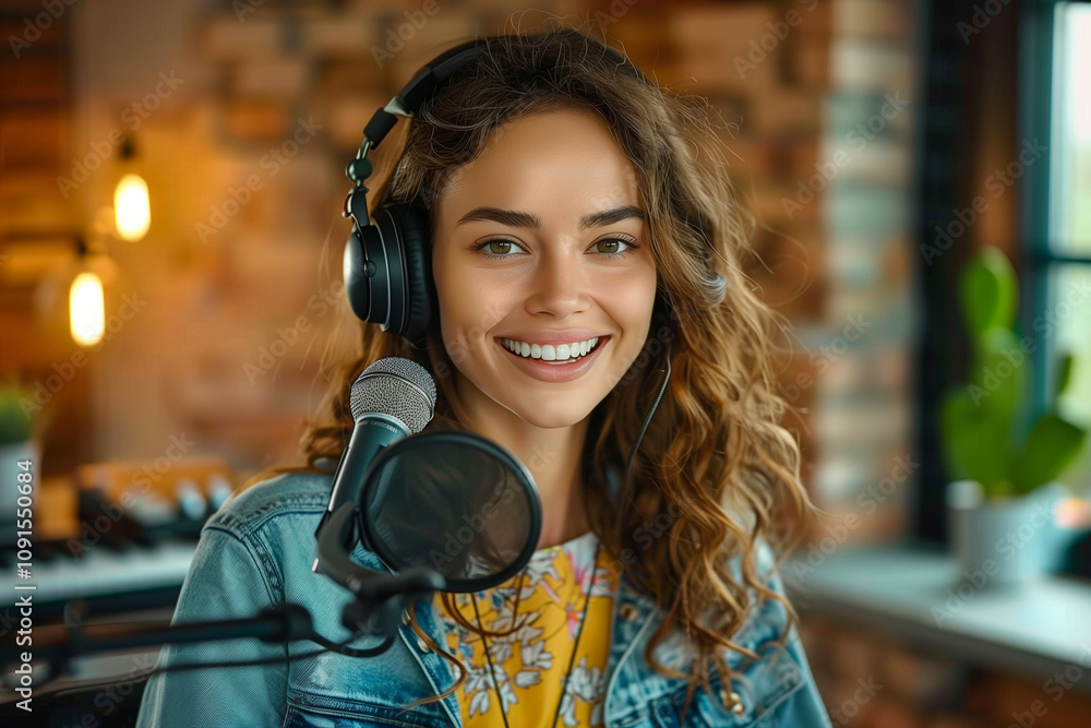 A happy young woman with curly brown hair wearing headphones, recording a podcast in a cozy studio setting A happy young woman with curly brown hair wearing headphones, recording a podcast in a cozy studio setting