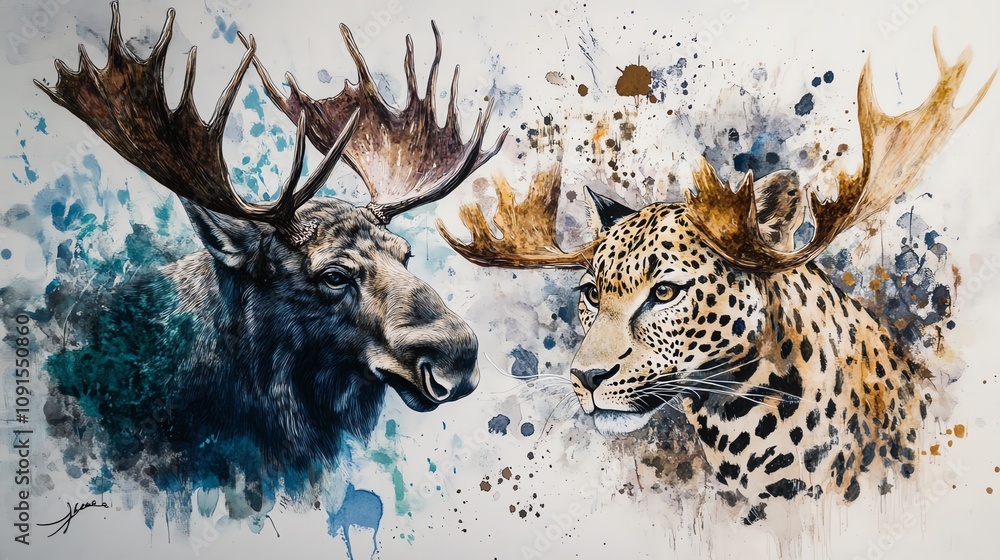 Obraz premium A stunning artistic depiction of a moose and leopard showcasing their unique features and vibrant colors.