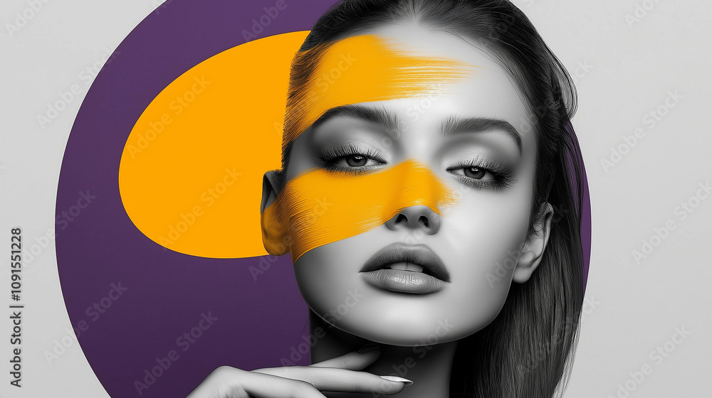 Fashion model with yellow paint on face and colorful background Fashion model with yellow paint on face and colorful background