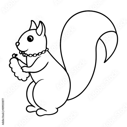 Squirrel with Popcorn Garland Line Art Vector.