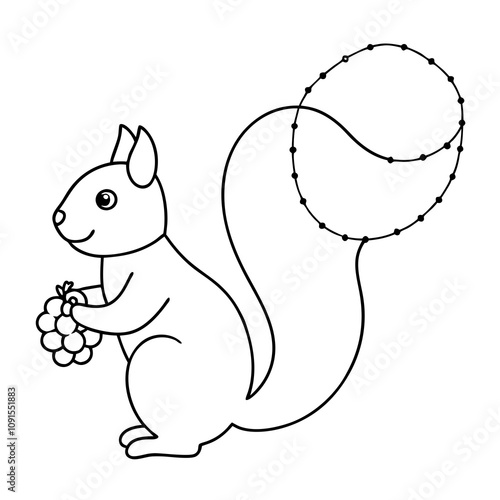 Squirrel with Popcorn Garland Line Art Vector.