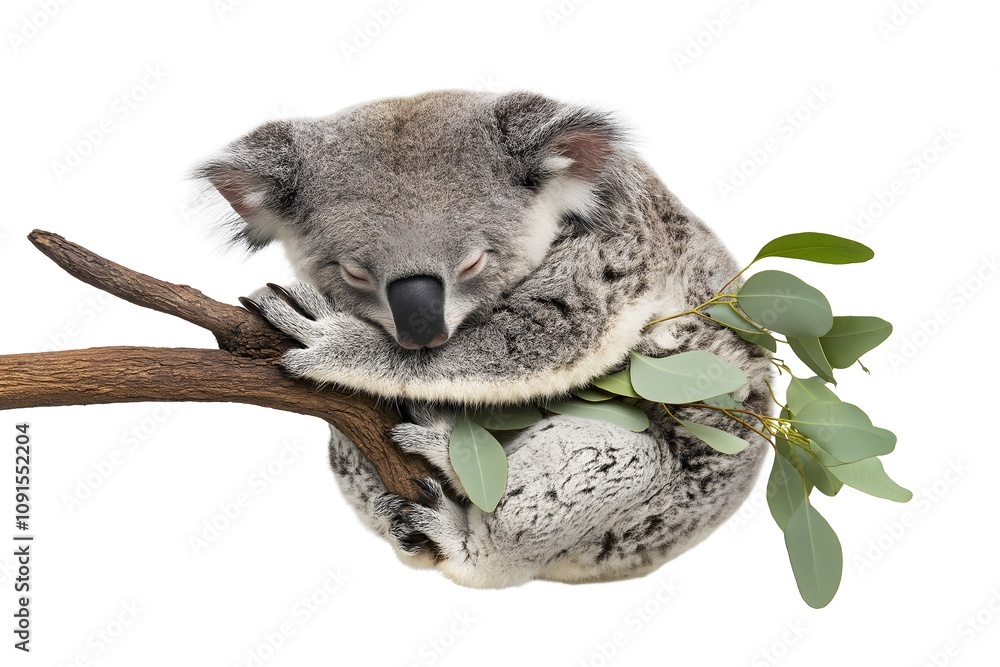 Fototapeta premium Sleepy koala hugging a eucalyptus branch