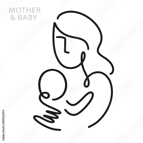 Mother and Baby One Line Art Drawing Breastfeeding