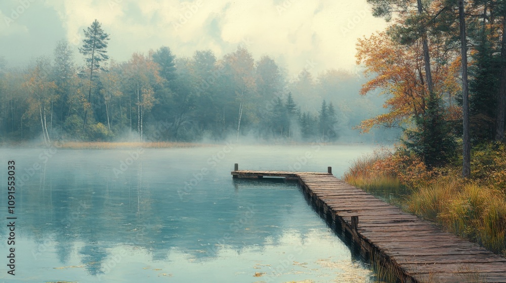 Fototapeta premium Serene Autumn Lake Mist Wooden Dock Scene