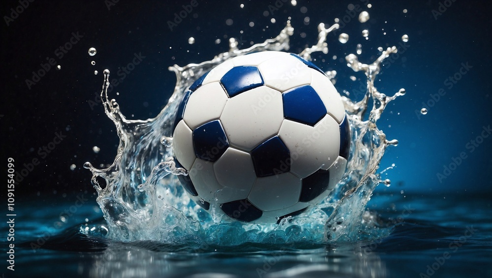 Fototapeta premium Blue and White Water Splash Frames Soccer Ball's Motion