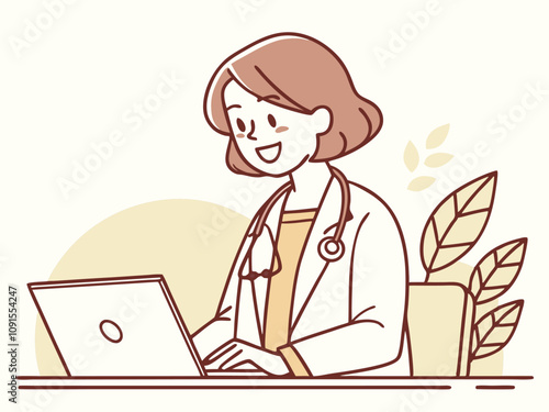 Happy White Coat Therapist Using Laptop - Vector Illustration