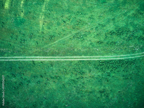View of the meadow with the road from above