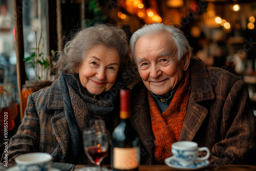 Portrait of an old couple in love in a restaurant photo