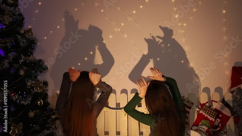 Shadows on the wall, entertainment. Friendship. Fun and laughter. New Year's atmosphere. Subdued cinematic light. Christmas tree and gifts. Two girls celebrate the new year. Theater of shadows