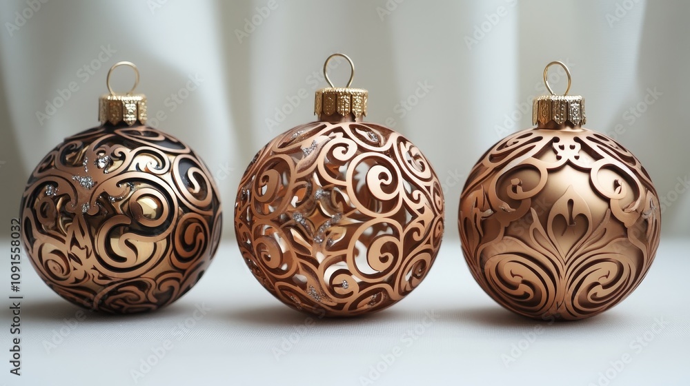 Decorative christmas ornaments with intricate designs in gold and bronze shades Decorative christmas ornaments with intricate designs in gold and bronze shades