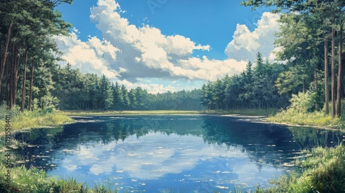 Serene Forest Lake Under a Summer Sky