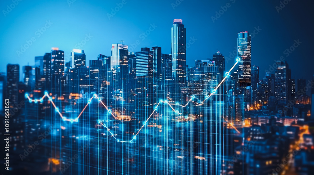 Obraz premium Smart digital Innovation Business skyscrapers in the Financial District with connection network reciprocity over the cityscape. of future smart wireless digital city and social media networking