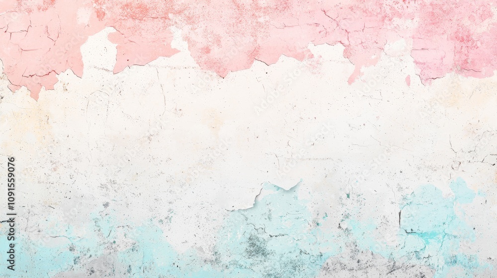 Fototapeta premium Pink, white and light blue layers of paint are peeling from an old concrete wall, creating a textured and colorful abstract background