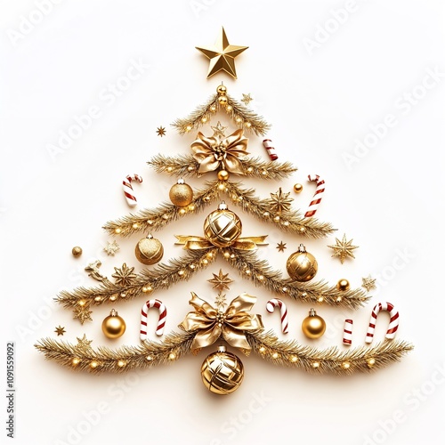 Christmas tree silhouette, gold. Isolated on white