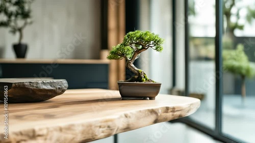 Minimalist bonsai tree on natural wooden table in modern interior
