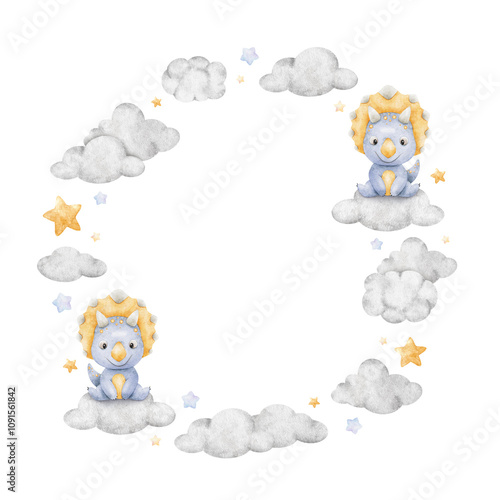 Cute blue dinosaur sitting on clouds and stars. Isolated hand drawn watercolor circle frame of dino. Template of triceratops for children's invitation, cards, baby shower, decoration of kid's rooms