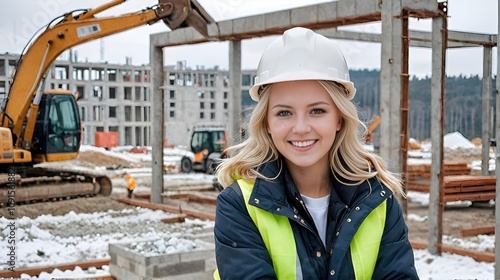 Happy young woman in warm clothes at the beginning of winter at the construction site of a big house. Woman in a green vest and a construction white helmet