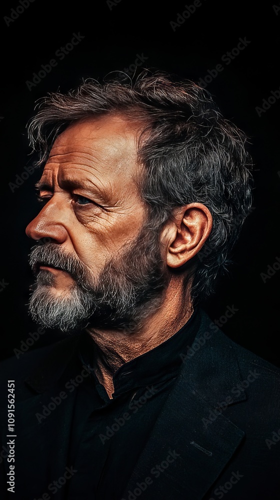 Profile portrait of a mature man with gray hair and beard against a dark background. Profile portrait of a mature man with gray hair and beard against a dark background.