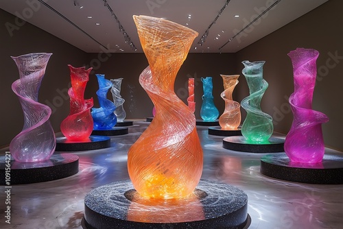 Vibrant art installation showcase modern art gallery glass sculptures contemporary environment artistic viewpoint creativity photo