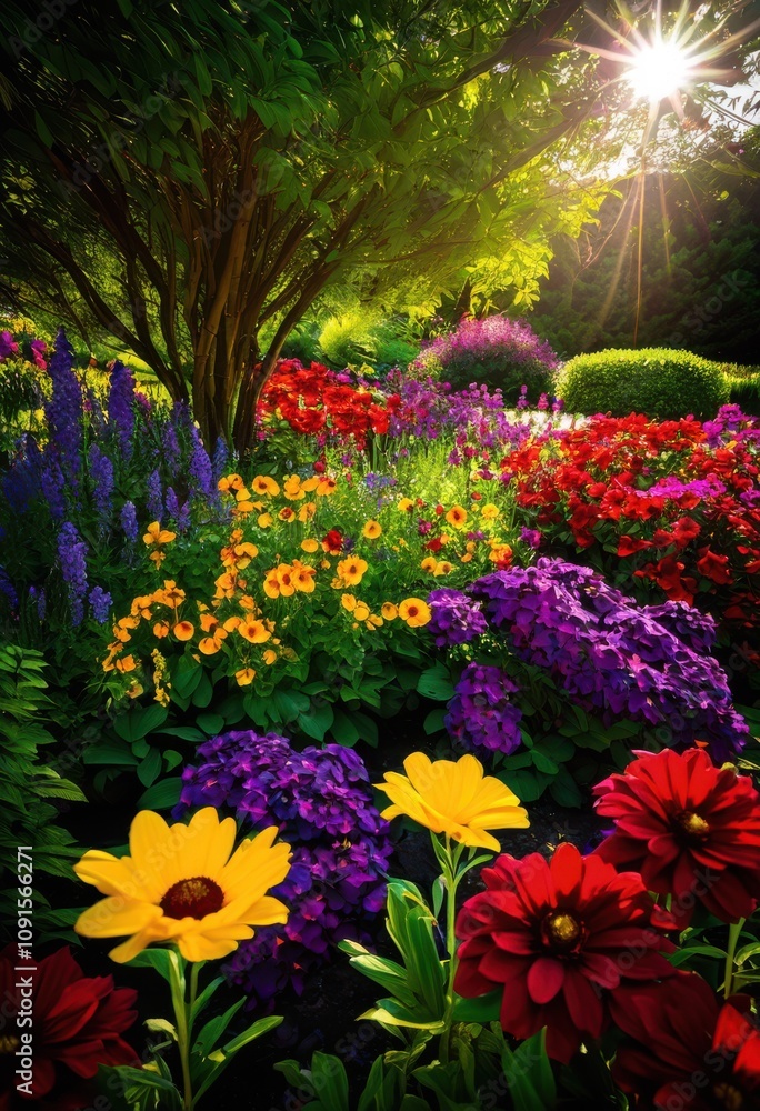 Fototapeta premium vibrant flower garden filled display rich color contrasts featuring lush petals varied blooms under bright sunshine, rainbow, lgbtq, lgbt, pride, colorful