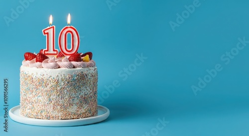 Birthday or anniversary cake with number 10 candle on blue background, perfect for tenth birthday or anniversary celebrations and special events