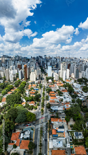 Região com muitas árvores em área nobre de São Paulo, SP em vista aérea formato de panorama. Altíssima resolução. 