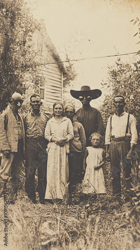 Vintage Sepia Photograph of a 19th-Century Group with Human and Alien Figures in Historical Attire photo