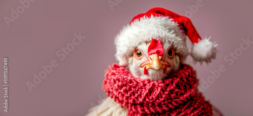 Funny turkey wearing santa claus christmas hat on dusty pink background, with copy space.