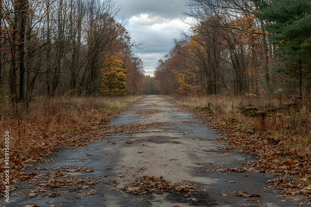 Abandoned road lined with autumn trees and leaves in quiet forest Abandoned road lined with autumn trees and leaves in quiet forest