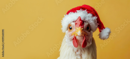 Funny white chicken wearing red christmas santa claus hat on yellow background with copy space.