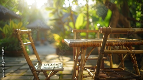 Bamboo furniture is eco-friendly. Serene outdoor seating area in nature
