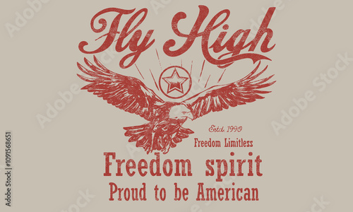 American eagle. Fly high artwork. Freedom forever. Rock star design. Eagle fly vector artwork for t shirt and others. Rock and roll graphic print design for apparel, stickers, posters and background.