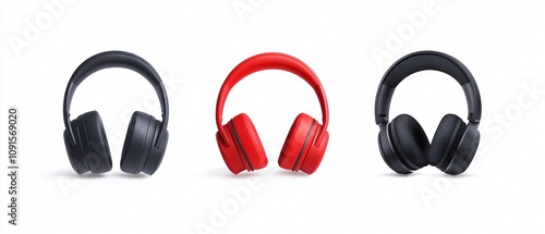 Three pairs of headphones in black and red, showcasing modern design and color variations for stylish audio enjoyment. photo